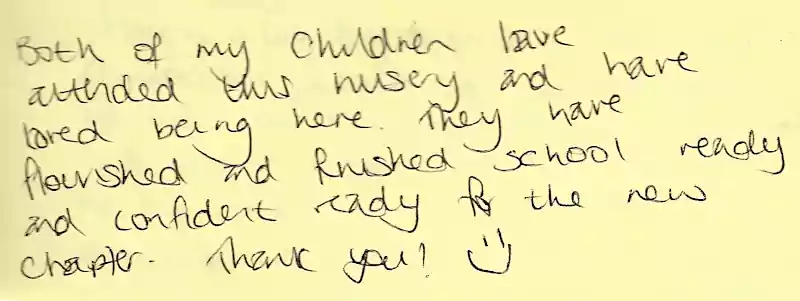 Image of a thank you note written by a child's parent